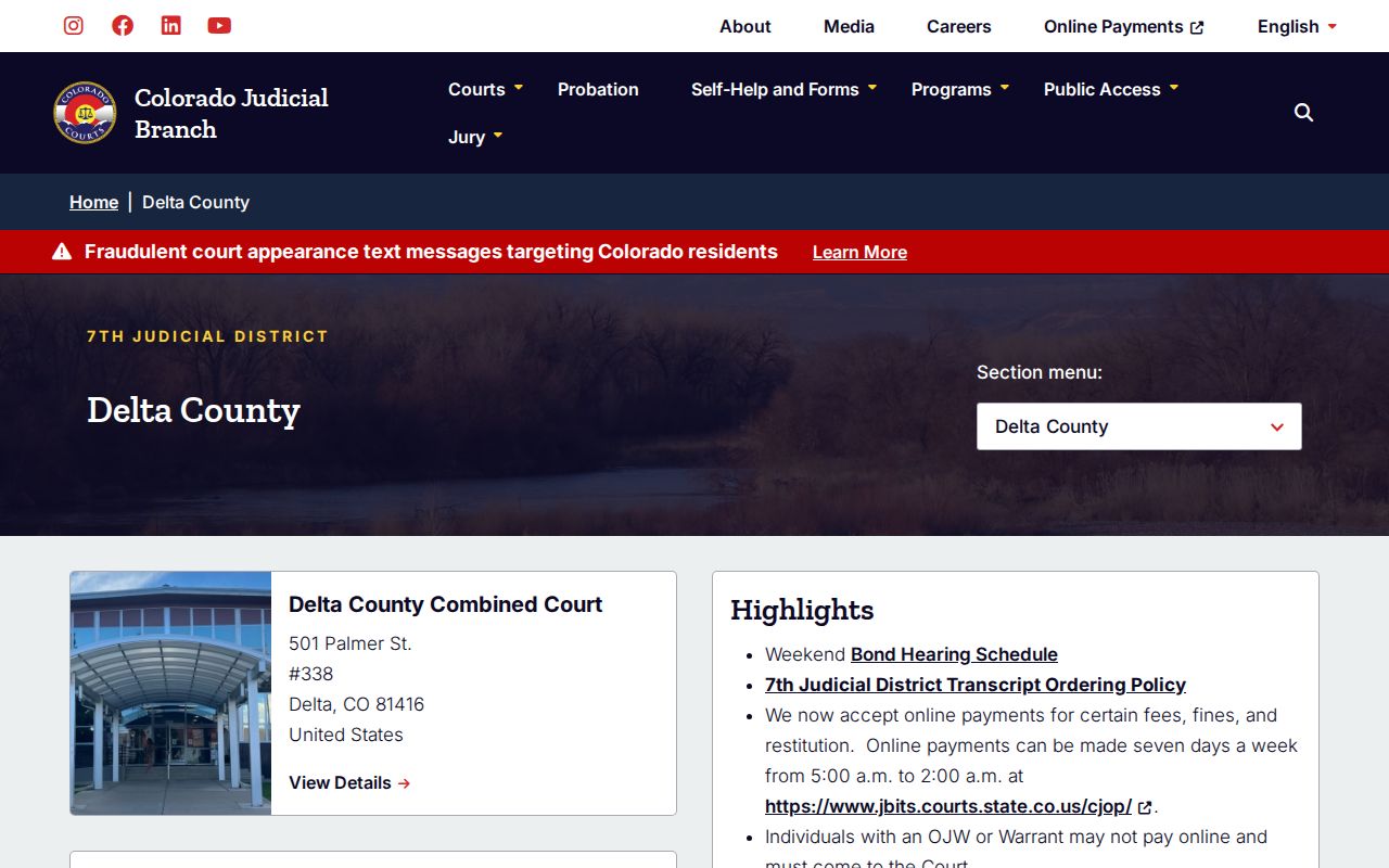 Delta County Combined Court contact page and OJW payment warning