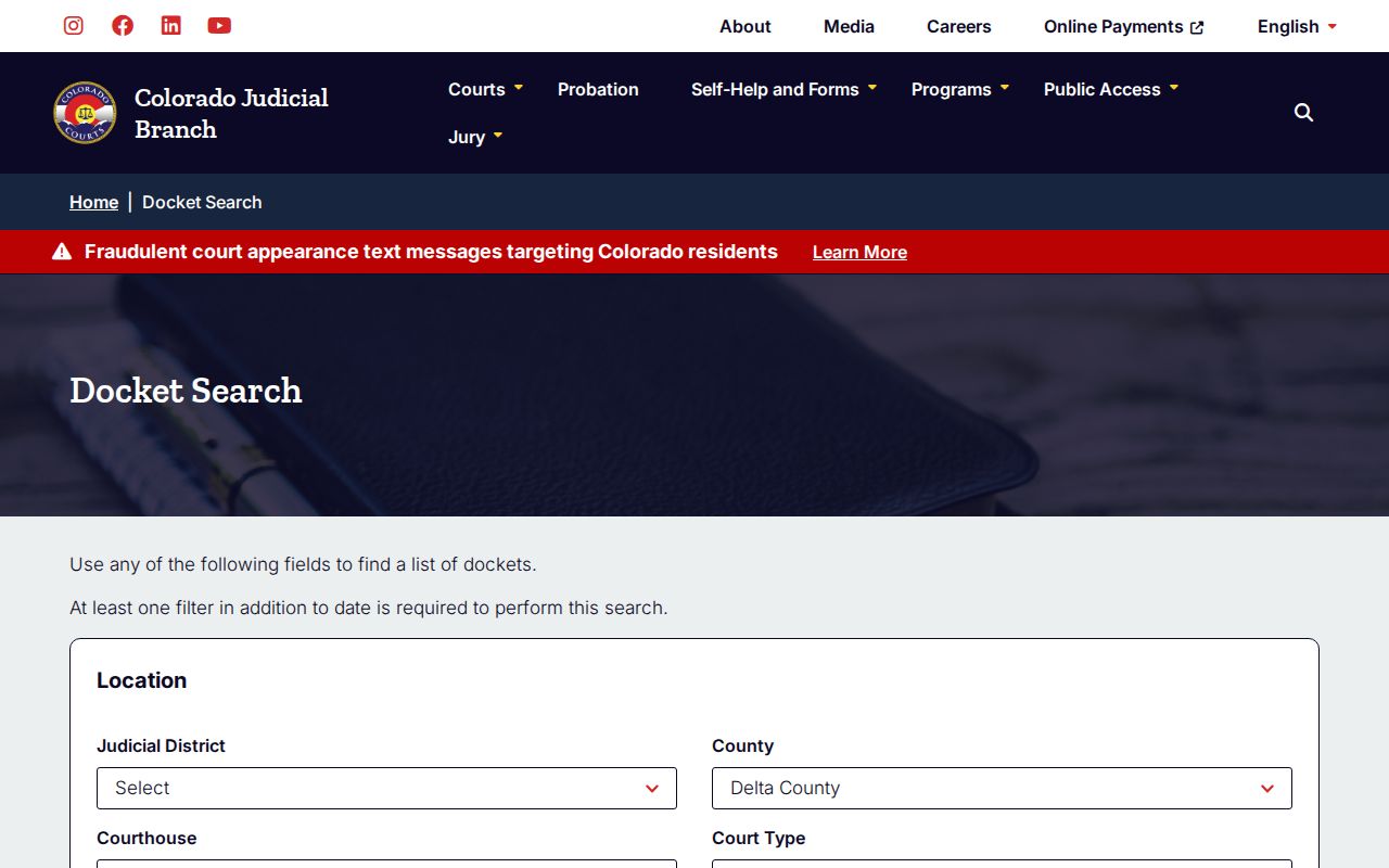 Colorado Judicial Branch Delta County docket search controls
